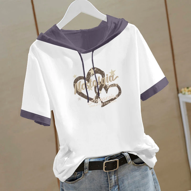 纯棉短袖卫衣女2025年夏季新款大码薄款T恤连帽宽松显瘦洋气上衣