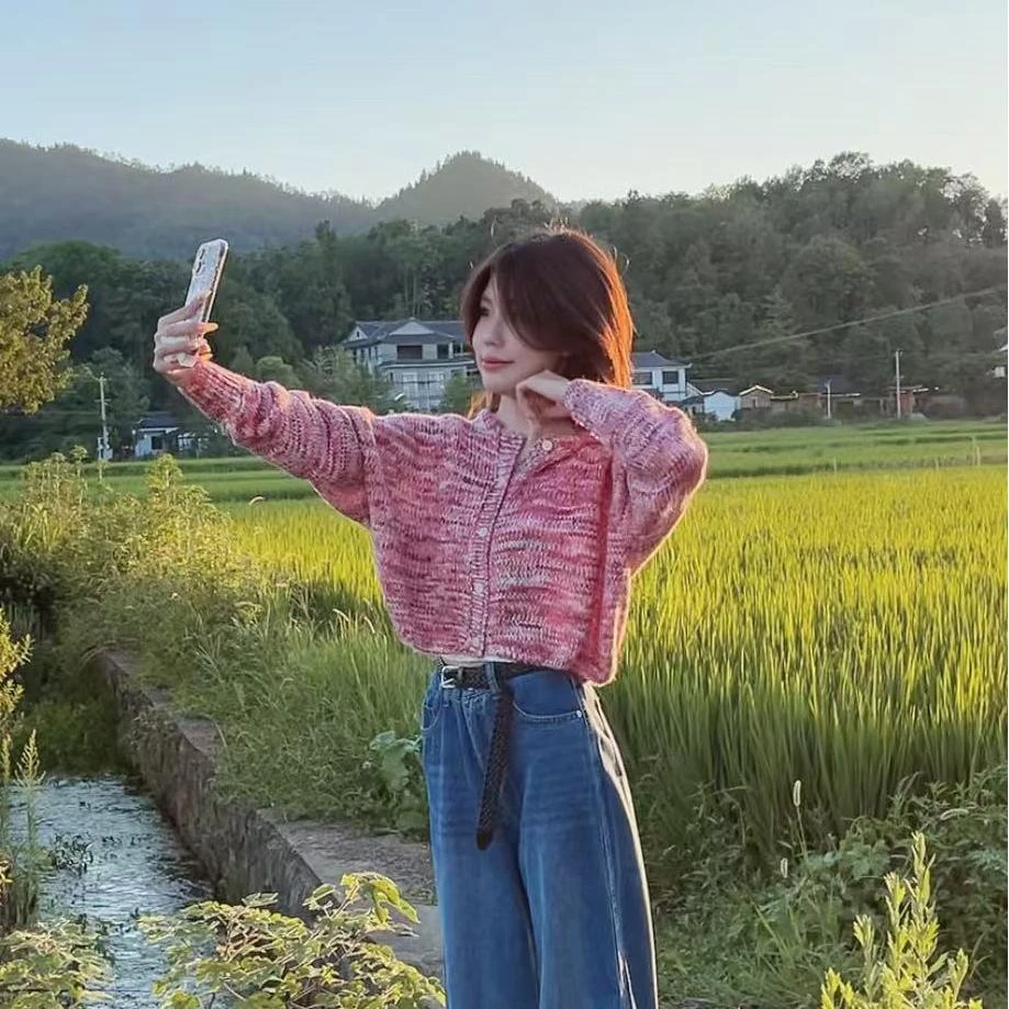 海马毛连帽粉色收腰短款毛衣外套秋冬软弱针织开衫上衣559