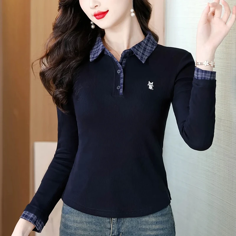 格子POLO领假两件拼接长袖T恤女早秋时尚洋气百搭显瘦上衣女8303
