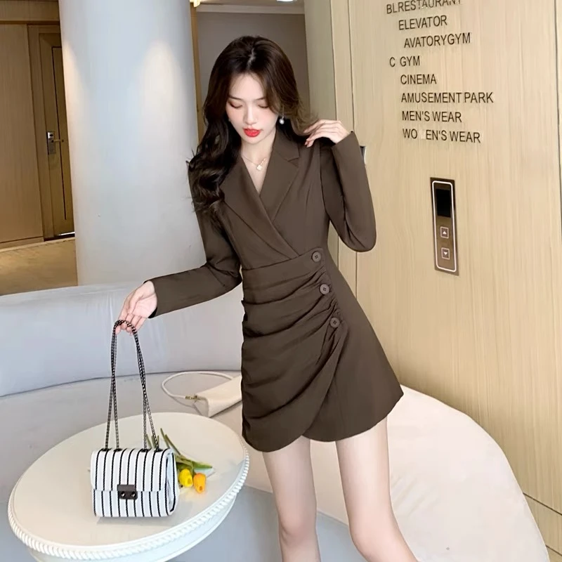 【静姐宠粉】咖色法式不规则高级感西装连衣裙女设计感西服裙8179