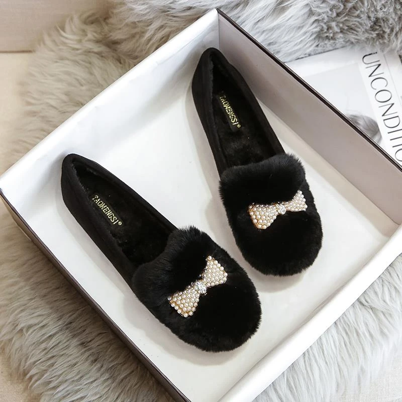 兔毛毛鞋女秋冬厚底一脚蹬豆豆鞋加绒棉瓢鞋大码女鞋-宽肥脚