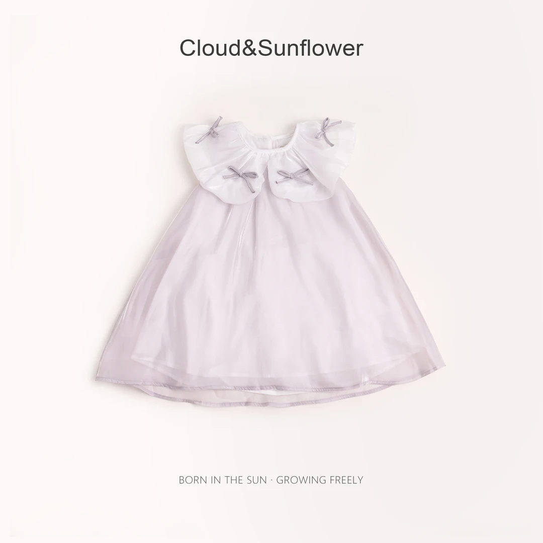 【云朵小葵】女童夏季洋气时尚大翻领珠光连衣裙蝴蝶结高级感55593