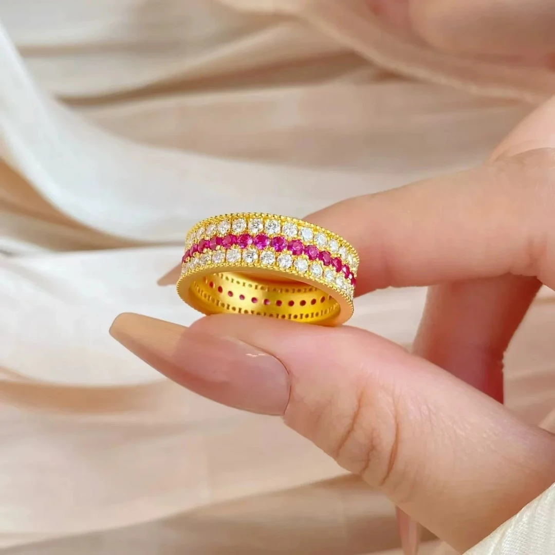 铜合金仿水晶戒指 新中式国潮风精美点钻红色手工闭口戒指小众