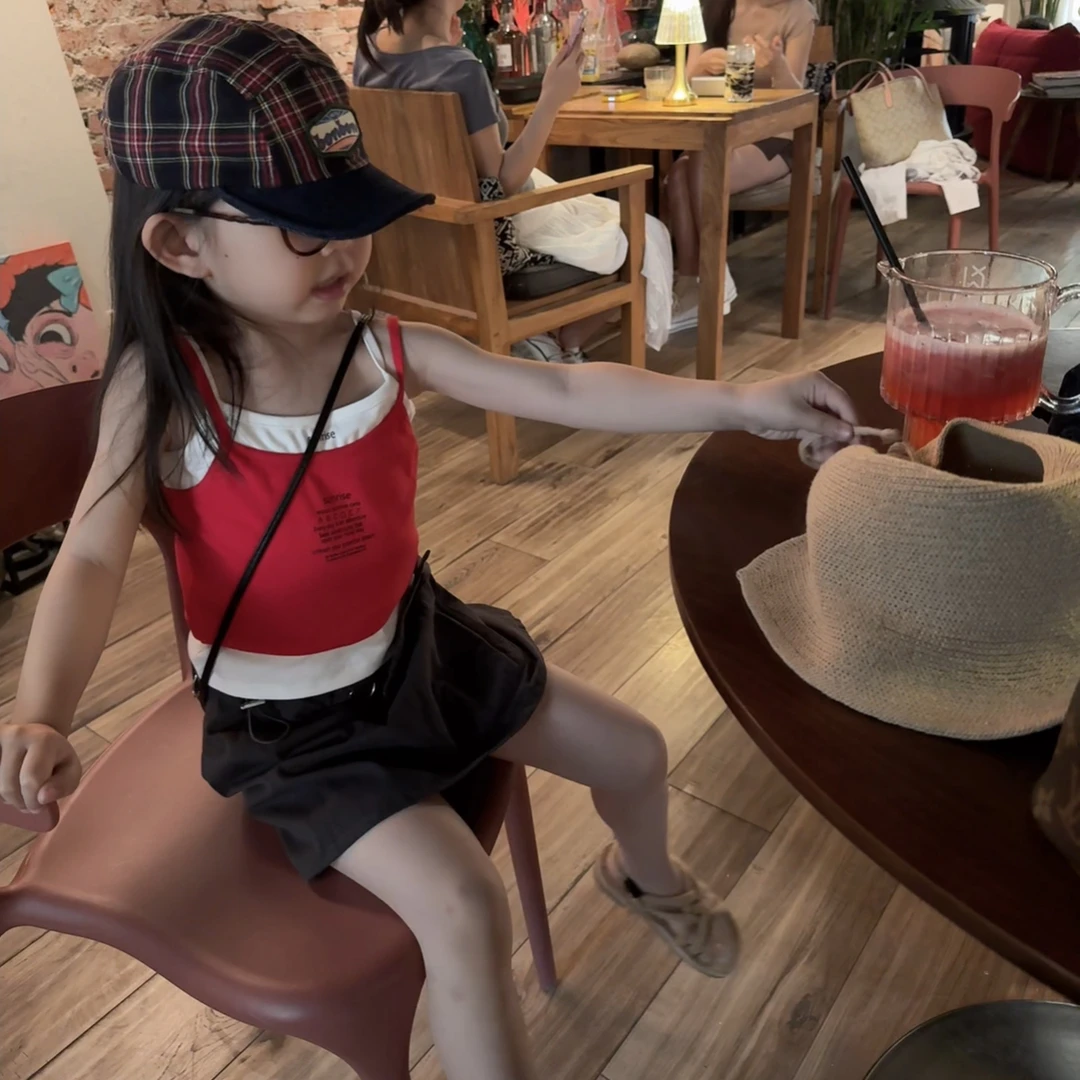 现货MZ.女童夏季红色假两件吊带背心时髦百搭无袖上衣1842