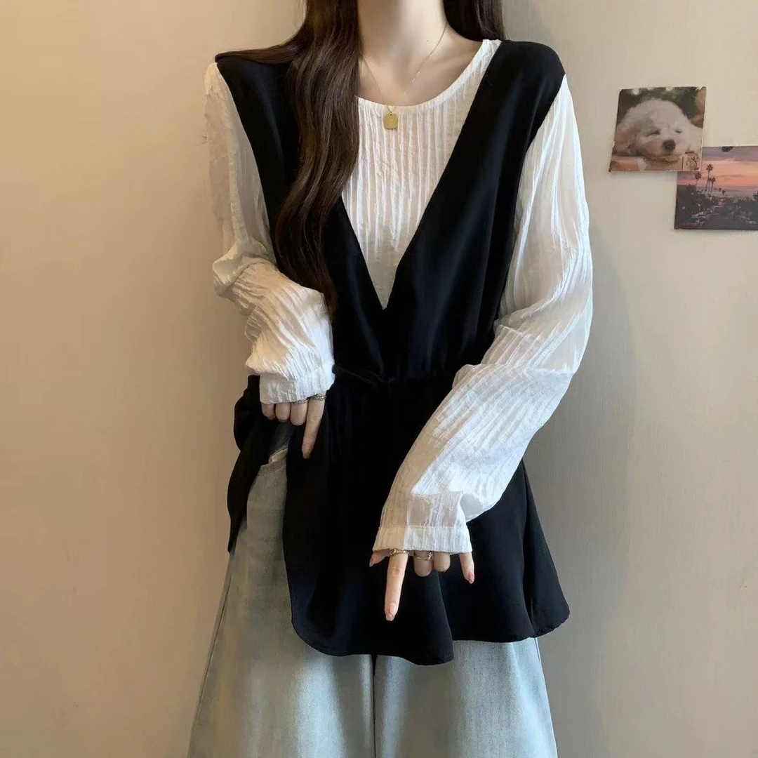 高级感V领长袖衬衫大码女装2025秋季胖mm收腰显瘦洋气假两件上衣