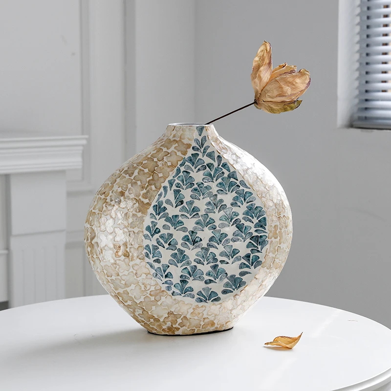 复古新中式贝壳花瓶高档家居客厅陶瓷插花器侘寂风桌面装饰摆件