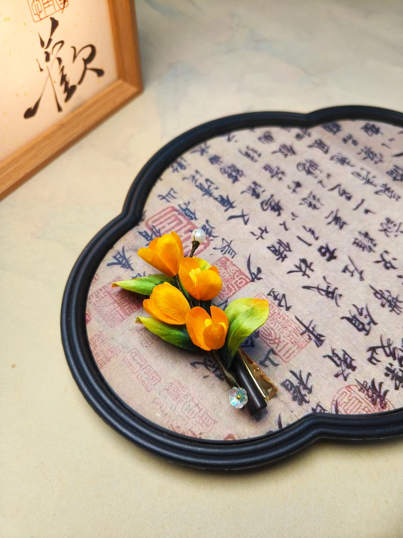 [留香]新中式非遗绒花桂花发夹边夹手工蚕丝国风复古汉服配饰