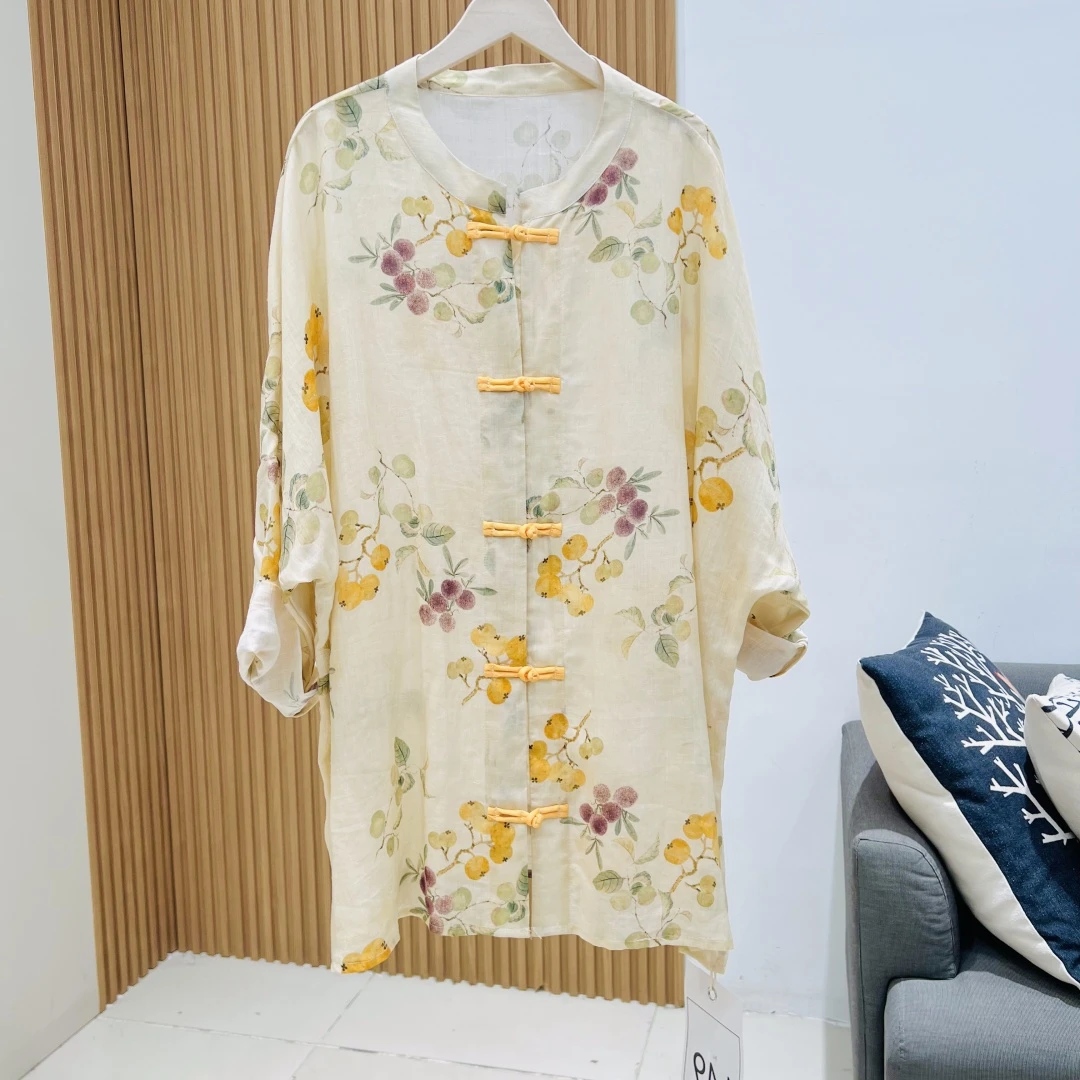 夏季宽松中长款印花开衫中国风苎麻衬衫新中式大码女装784