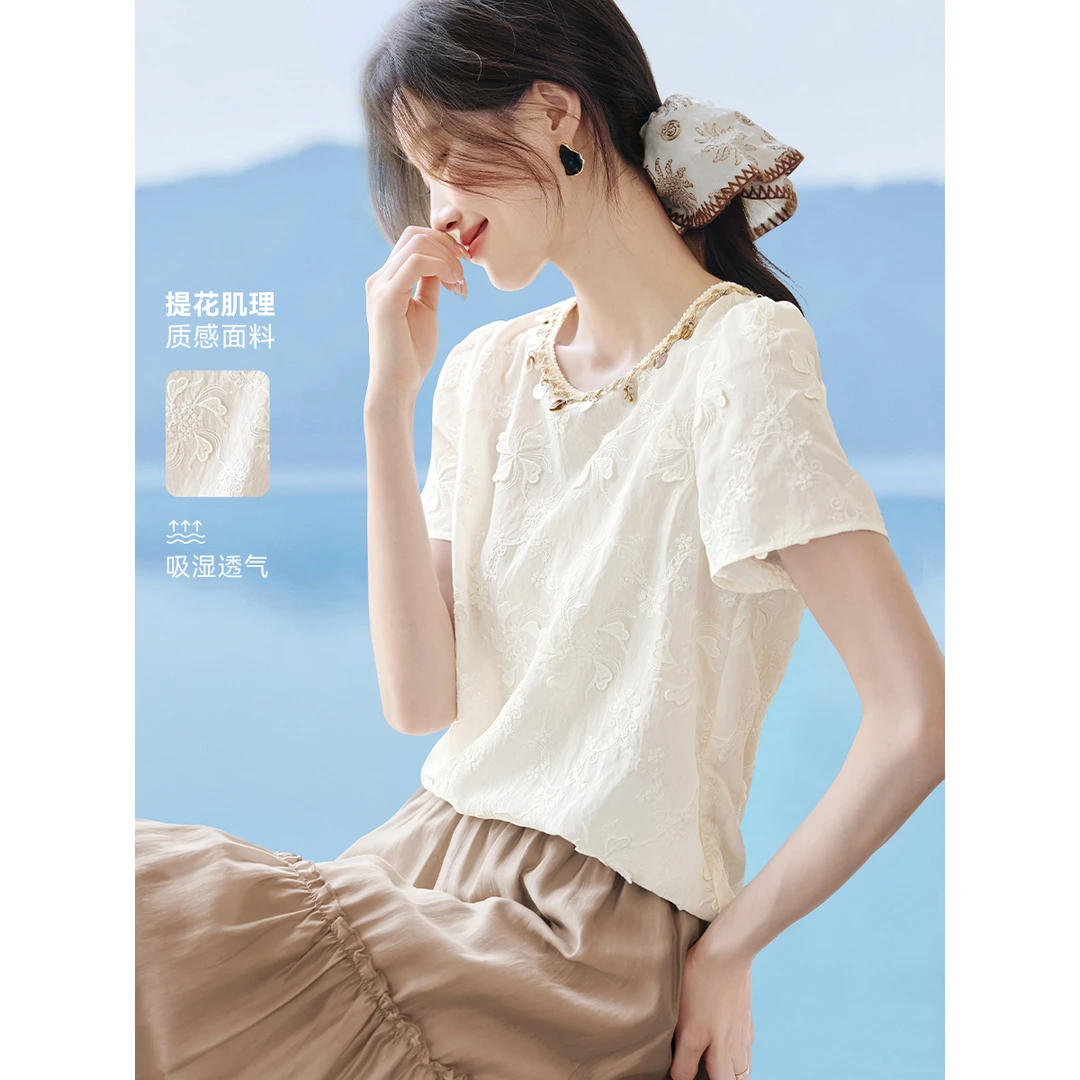 沫晗依美【月下白茶花】25夏季新款气质韩系钩花刺绣洋气时尚衬衫