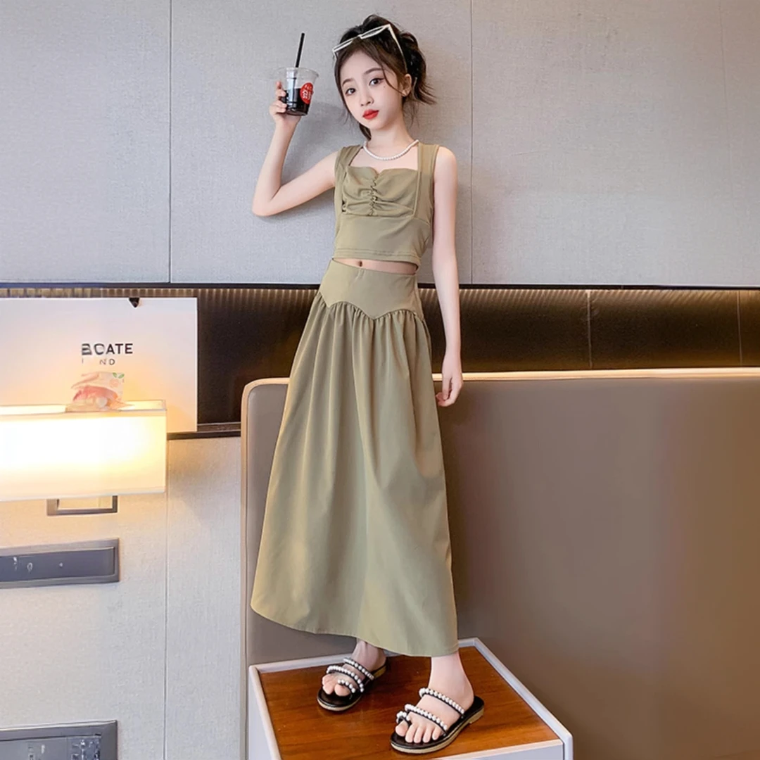 女大童无袖吊带抹胸短款上衣时髦洋气中大童高腰宽松半身裙两件套