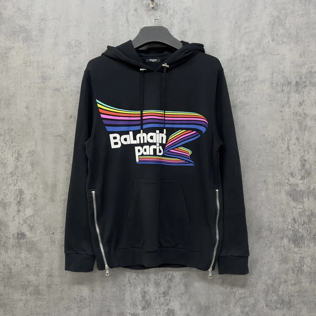未使用 BALMAIN/巴尔曼 发泡Logo重磅拉链帽衫卫衣/RK977/S宽松