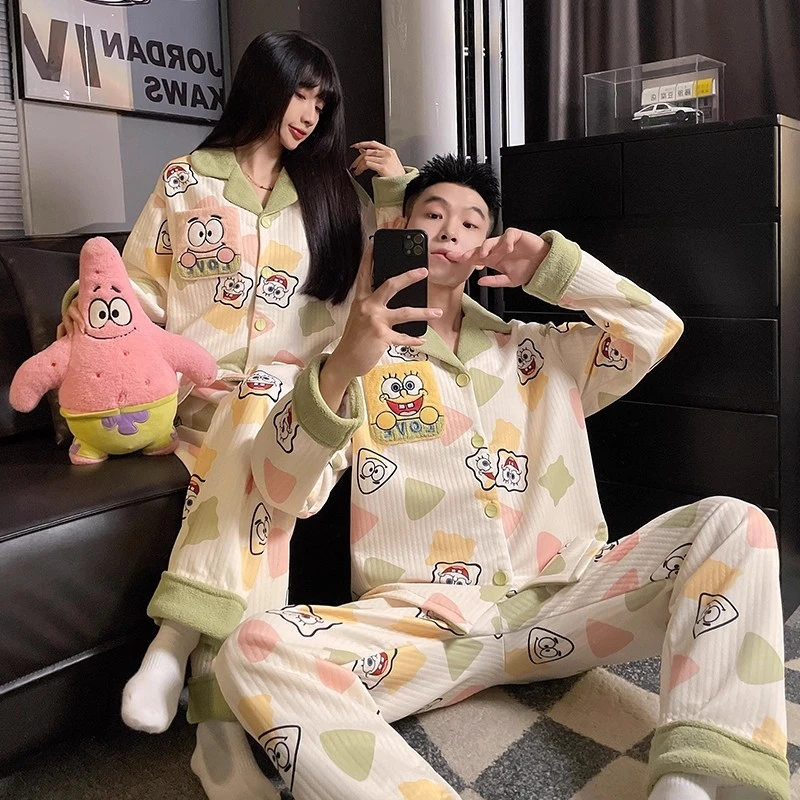 海绵宝宝情侣睡衣女春秋季空气棉夹层卡通男士加厚家居服套装冬天