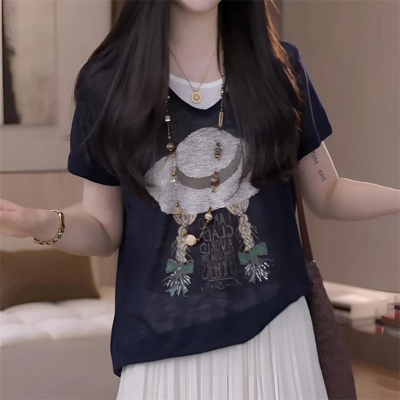 2025夏季新款时尚洋气休闲百搭短袖T恤透气清爽小众假两件上衣女