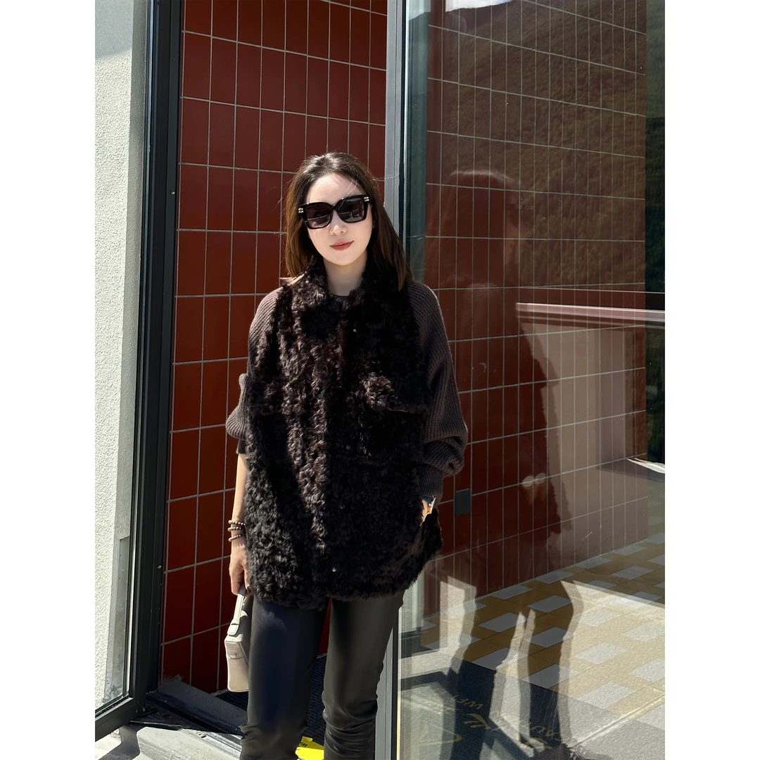 JESSICA WU深棕色奢华皮草拼接针织高质感短外套2539G07008