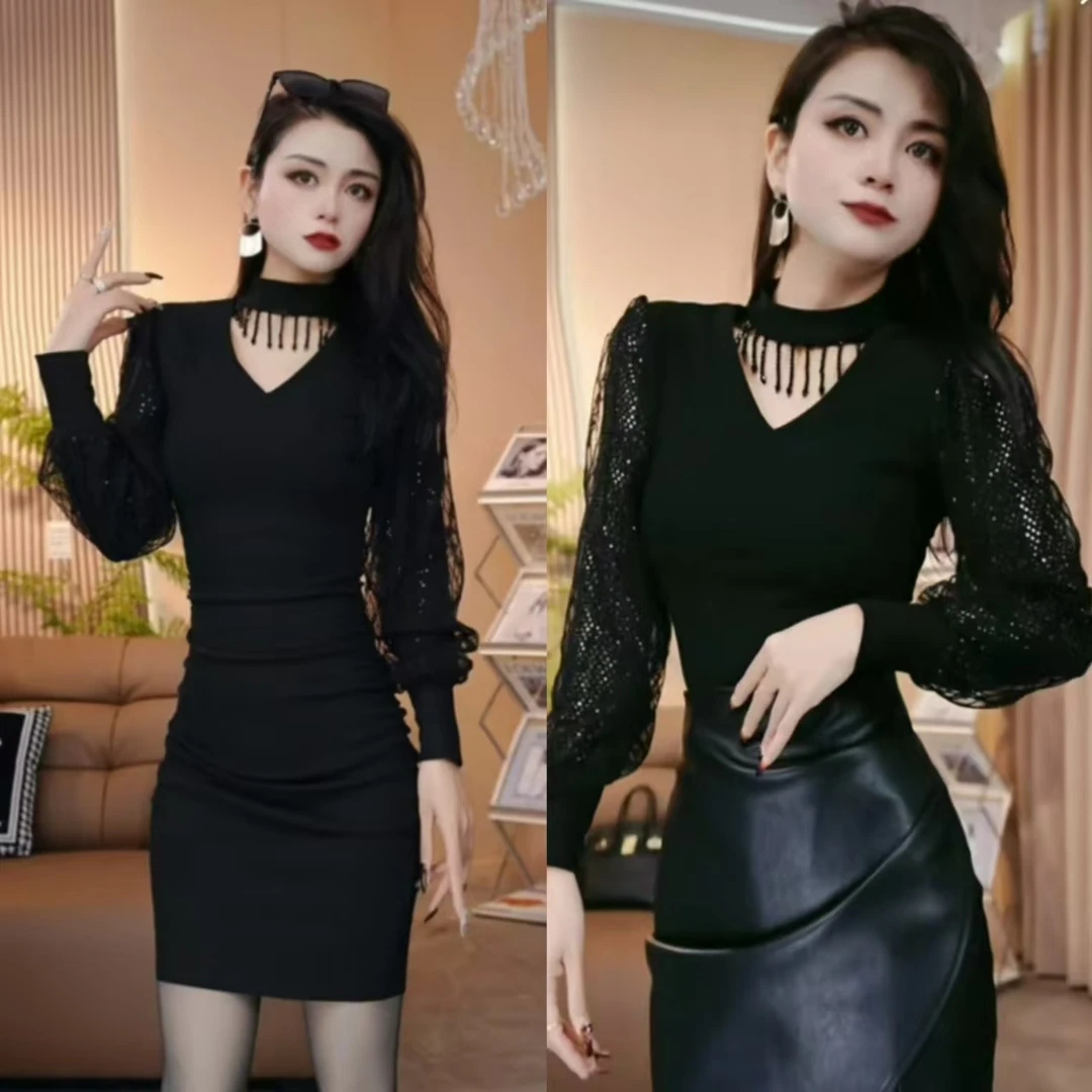 2024冬季新款时尚亮片挂脖小V领钻流苏钻显瘦气质连衣裙和小衫