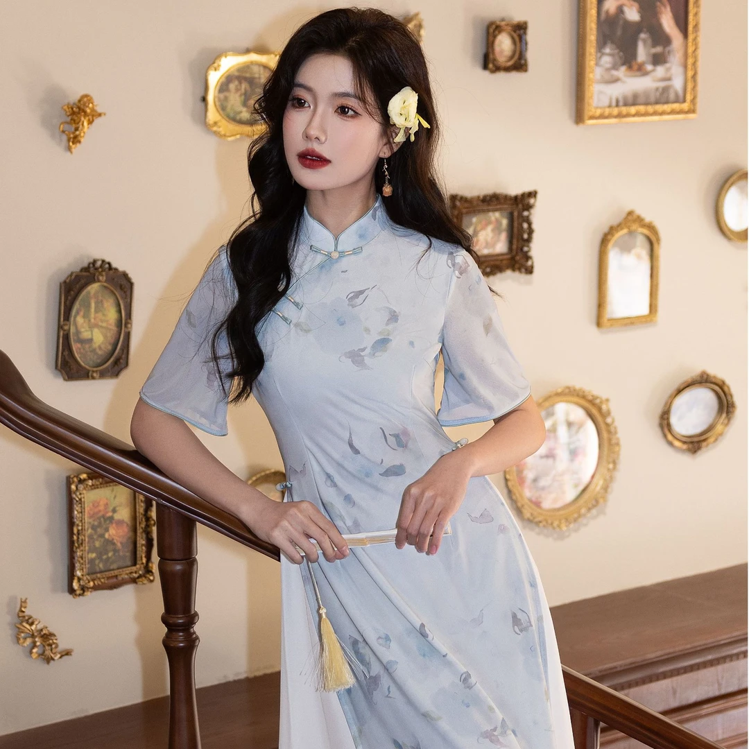 【风清余】2025春款新出炉韩国网纱奥黛遮肉显瘦日常气质中长款旗袍