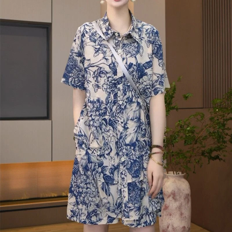 高档次青花瓷宽松休闲套装夏季新款POLO领衬衫高腰百搭短款两件套