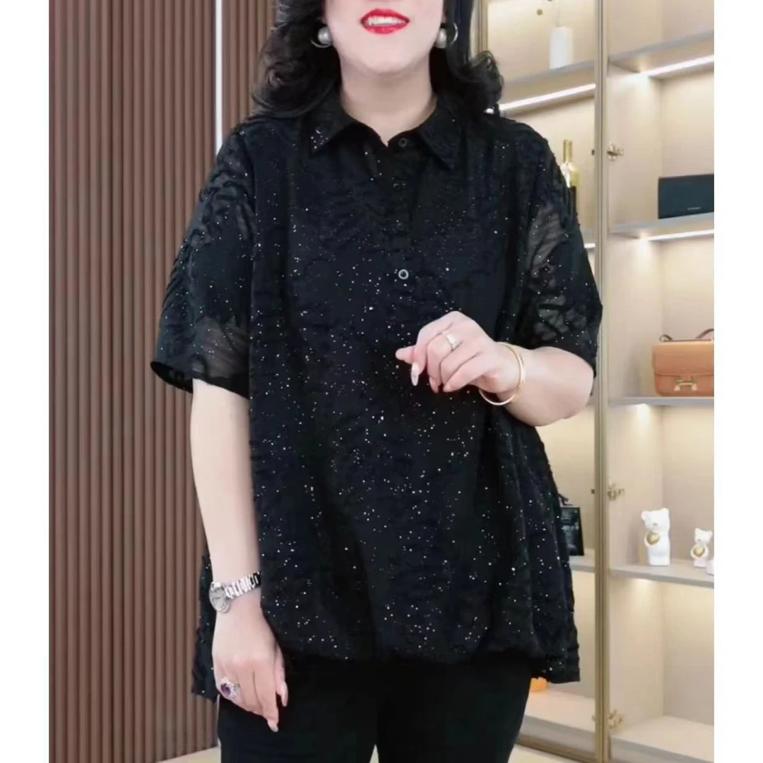 2025新款亮片拼接蕾丝提花衬衫大码女装宽松遮肉显瘦240926