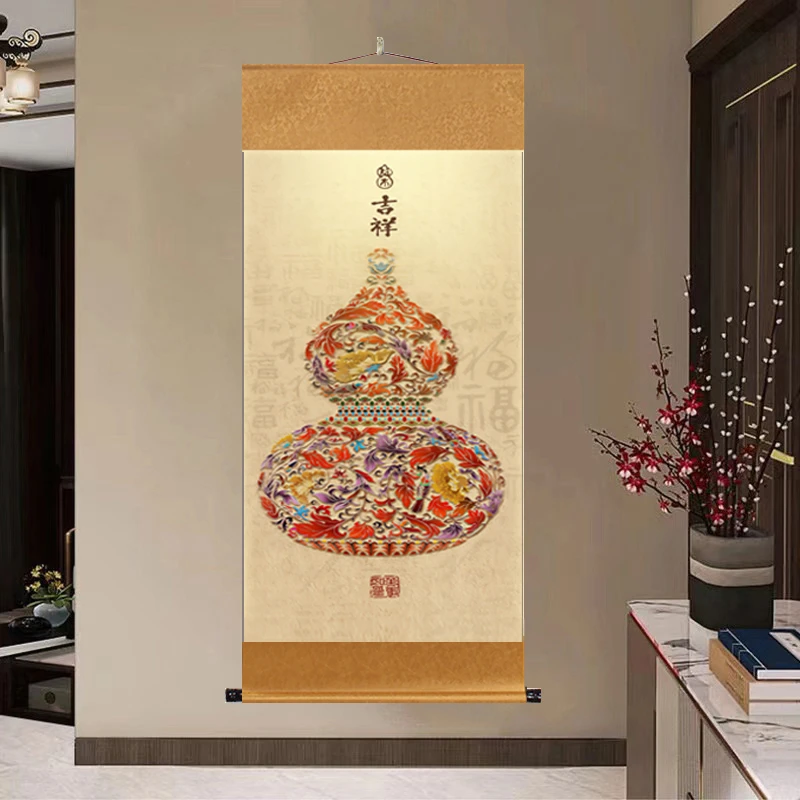 《百福珐琅葫芦》大气背景墙竖幅挂画国风山水靠山图风景装饰玄关D8