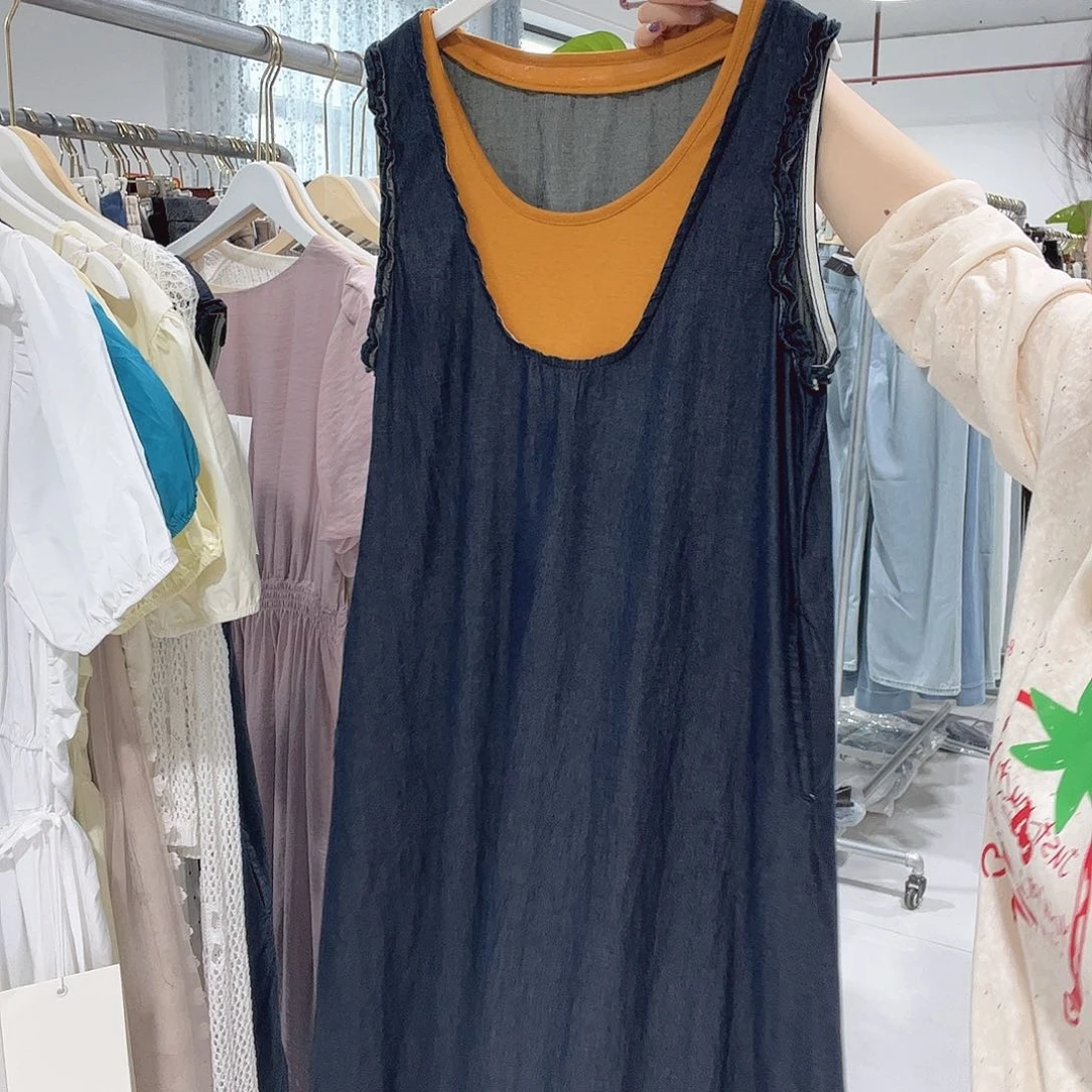 牛仔假两件套连衣裙