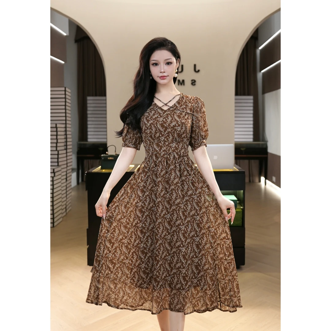 现货2025夏季新款【X24-X83】气质时尚轻奢棕色绑带拼接连衣裙子女