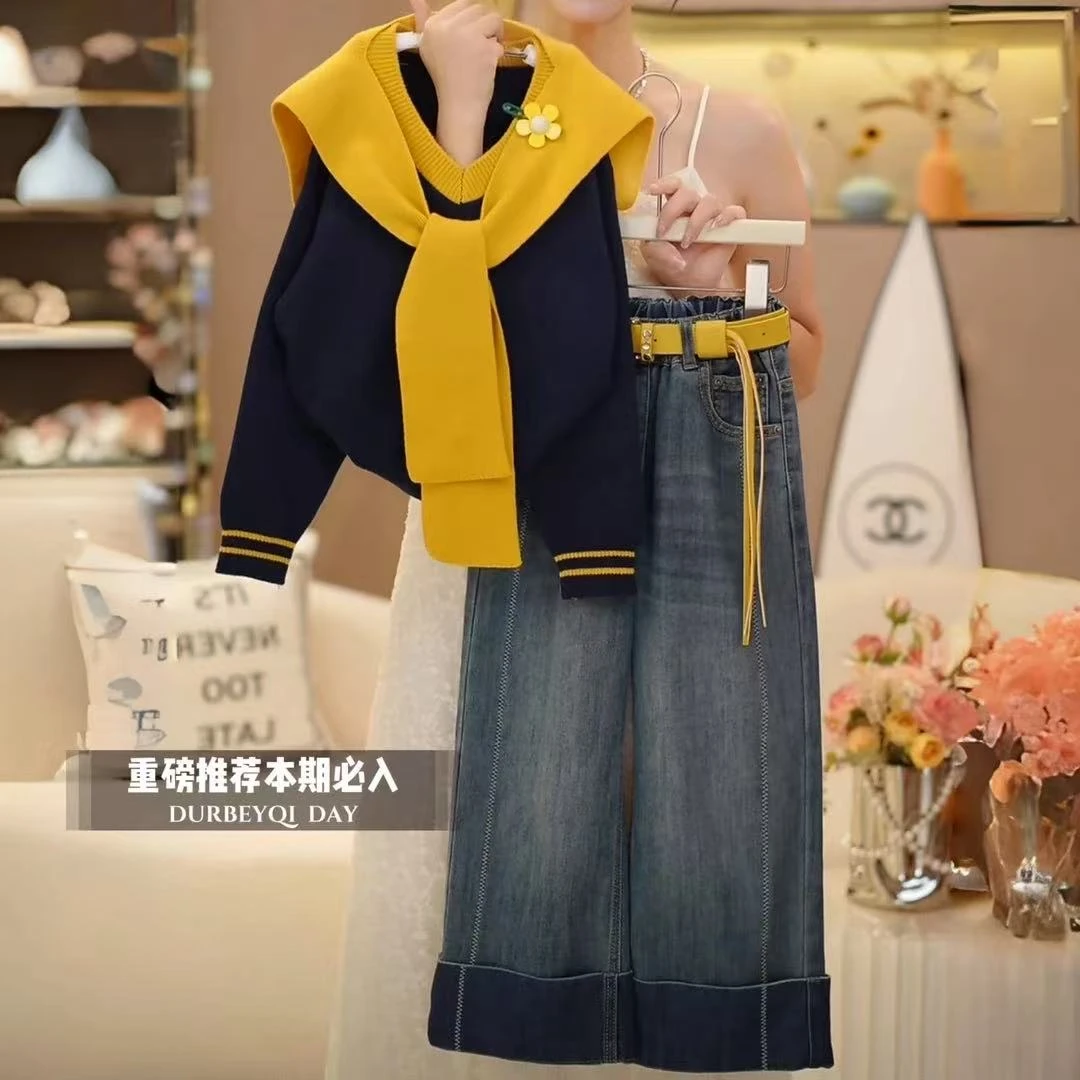 女童装套装2025新款洋气儿童V领披肩针织衬衫牛仔裤两件套潮秋季