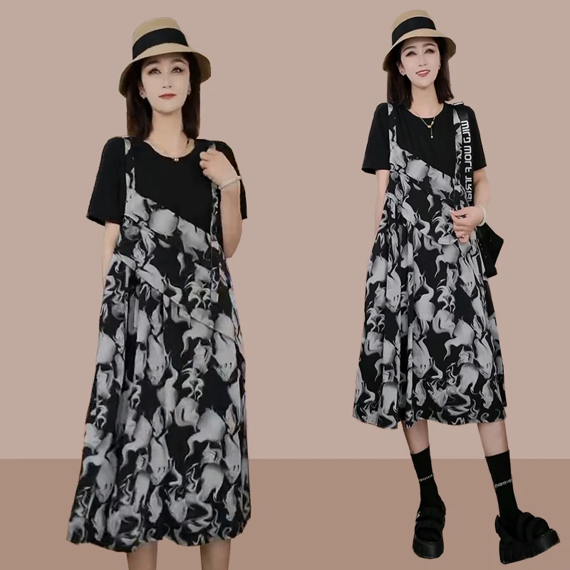 大码宽松显瘦A字裙女夏季圆领短袖假两件背带拼接印花休闲连衣裙