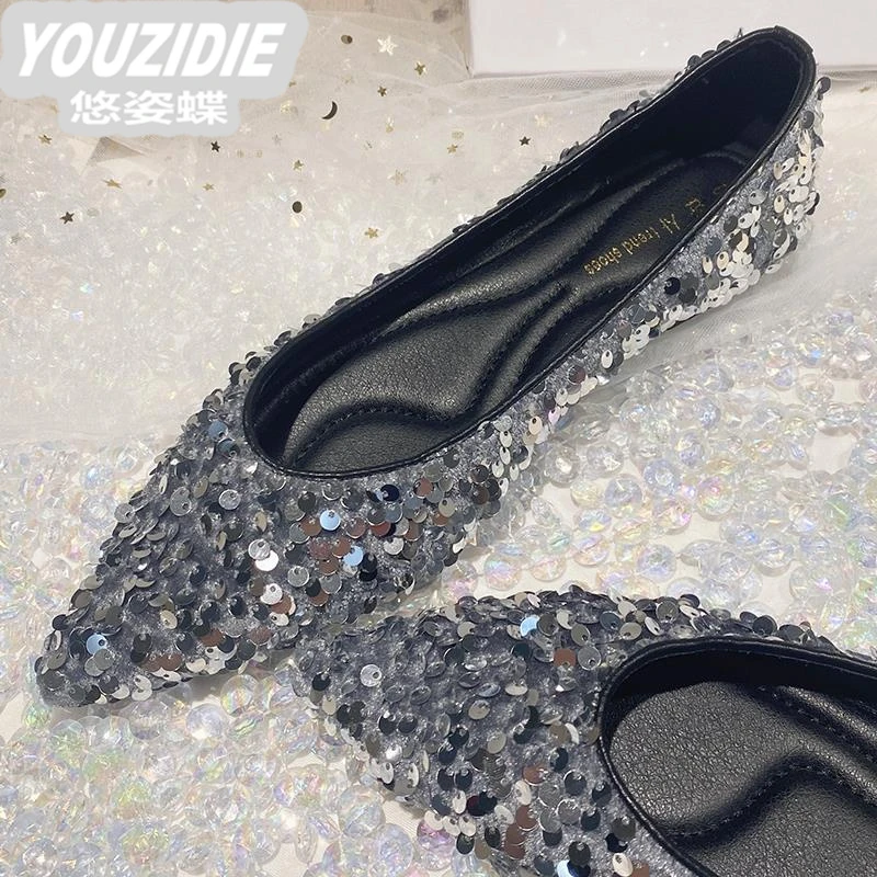 YOUZIDIE气质银色尖头浅口单鞋女低跟2025新款春秋优雅时尚珠片料