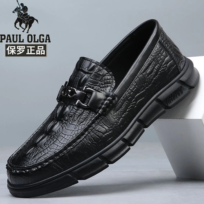 保罗正品皮鞋男款春季新款男士头层牛皮鳄鱼纹一脚蹬商务休闲鞋子