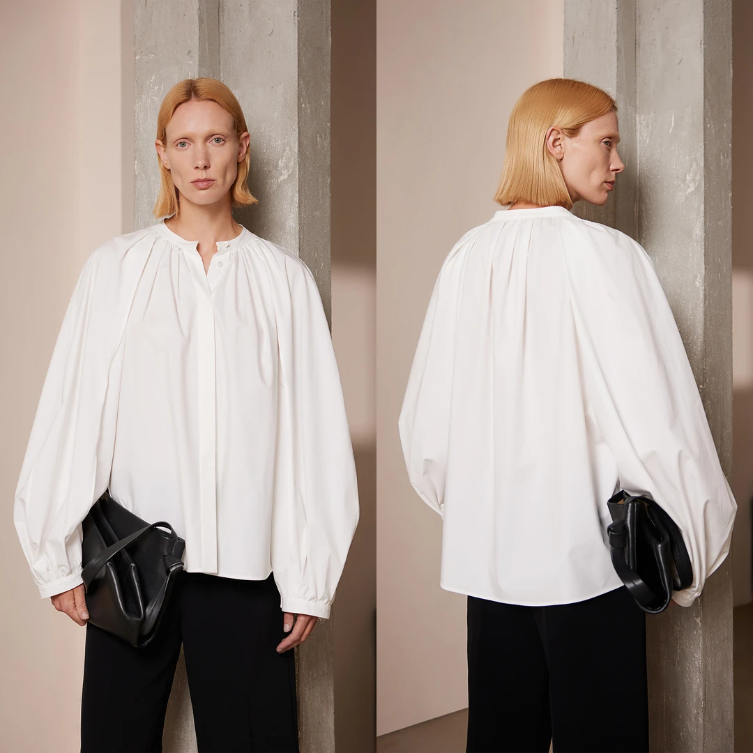 JOC专柜高密长绒棉府绸松弛造型感VTG灯笼袖重工捏褶廓形衬衫