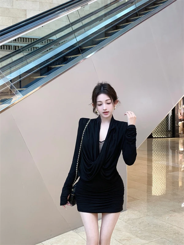 2025纯欲性感蕾丝复古褶皱拼接网纱老钱高级感通勤晚宴百搭连衣裙