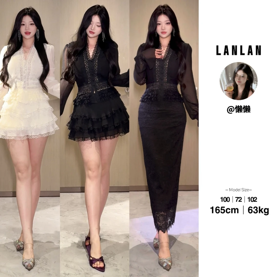 Lanlan-【清甜杏岛】法式甜美V领长袖衬衫上衣短裙半身裙套装时尚