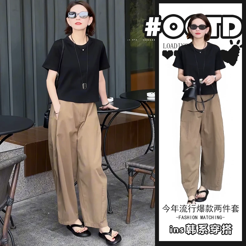 高端时尚休闲套装2025夏季新款简约后背单排扣短袖T恤+高腰阔腿裤