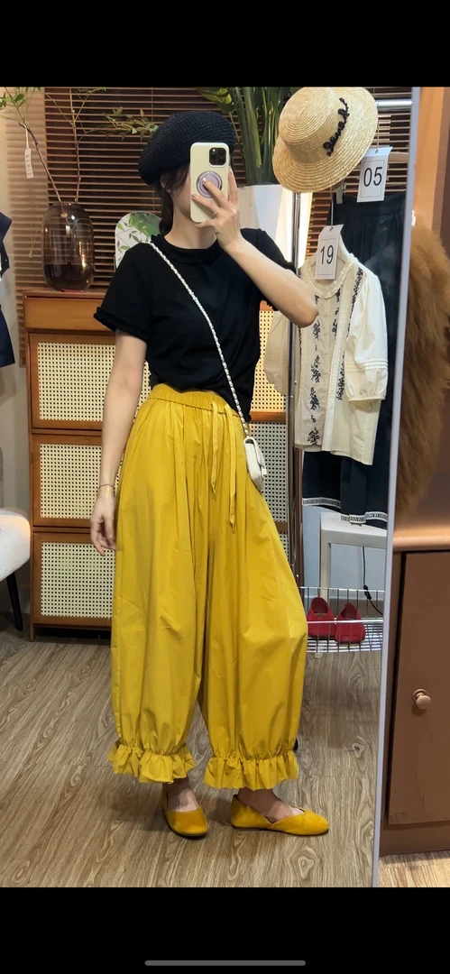 花花夏季宽松阔腿花苞裤百搭纯色透气宽松裤子