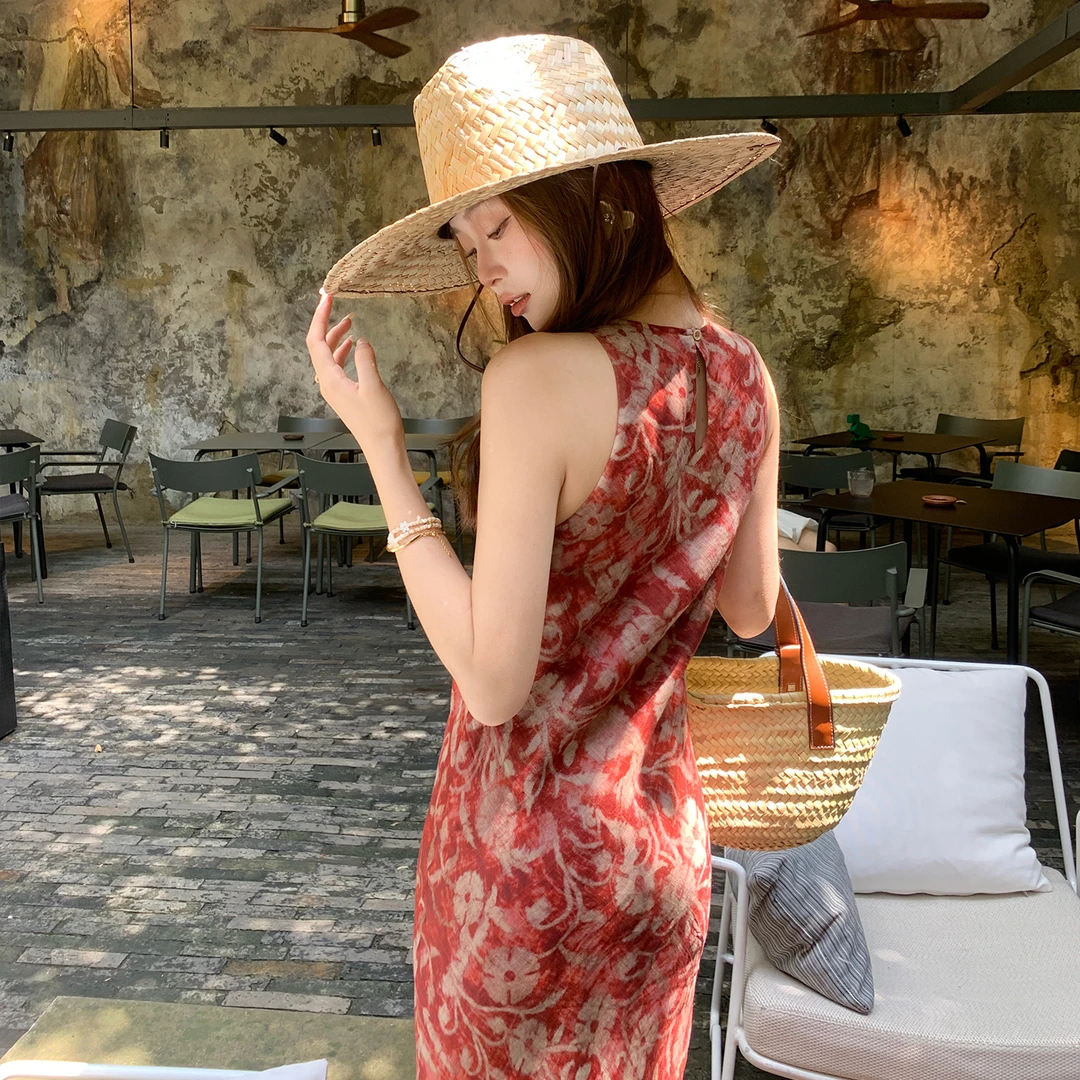 【岛屿玫瑰】RARE ZZ 100%苎麻夏法式轻奢复古红印花挂脖连衣裙