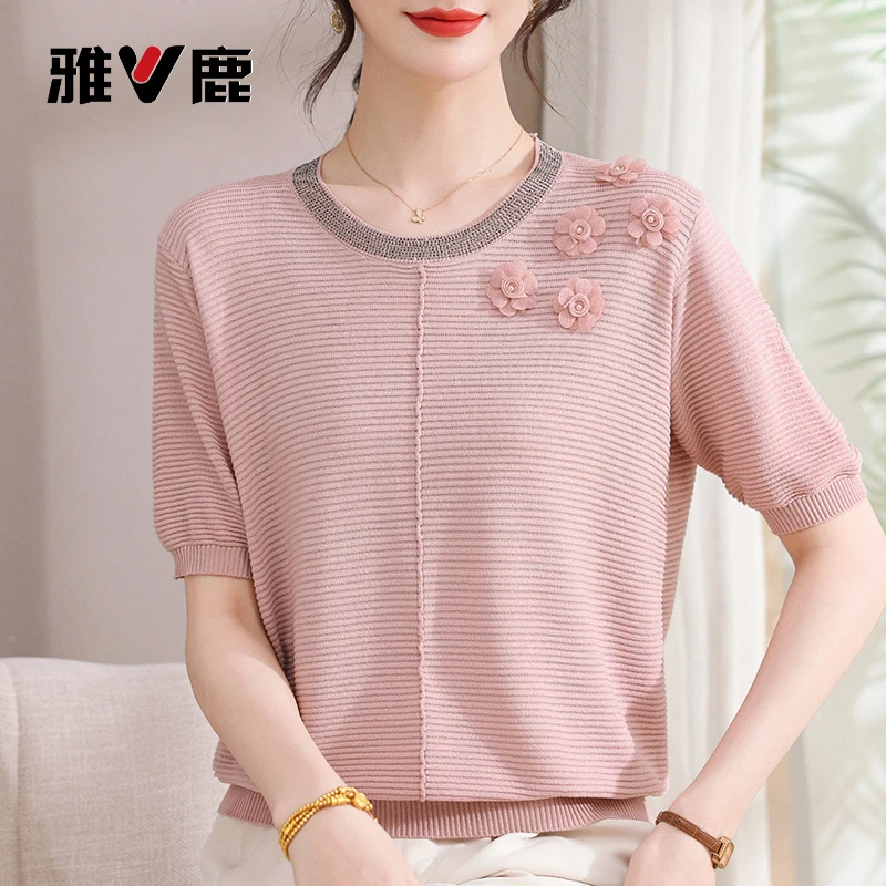 雅鹿优选妈妈夏装冰丝短袖恤洋派小衫50岁岁中老年女薄款圆领上衣