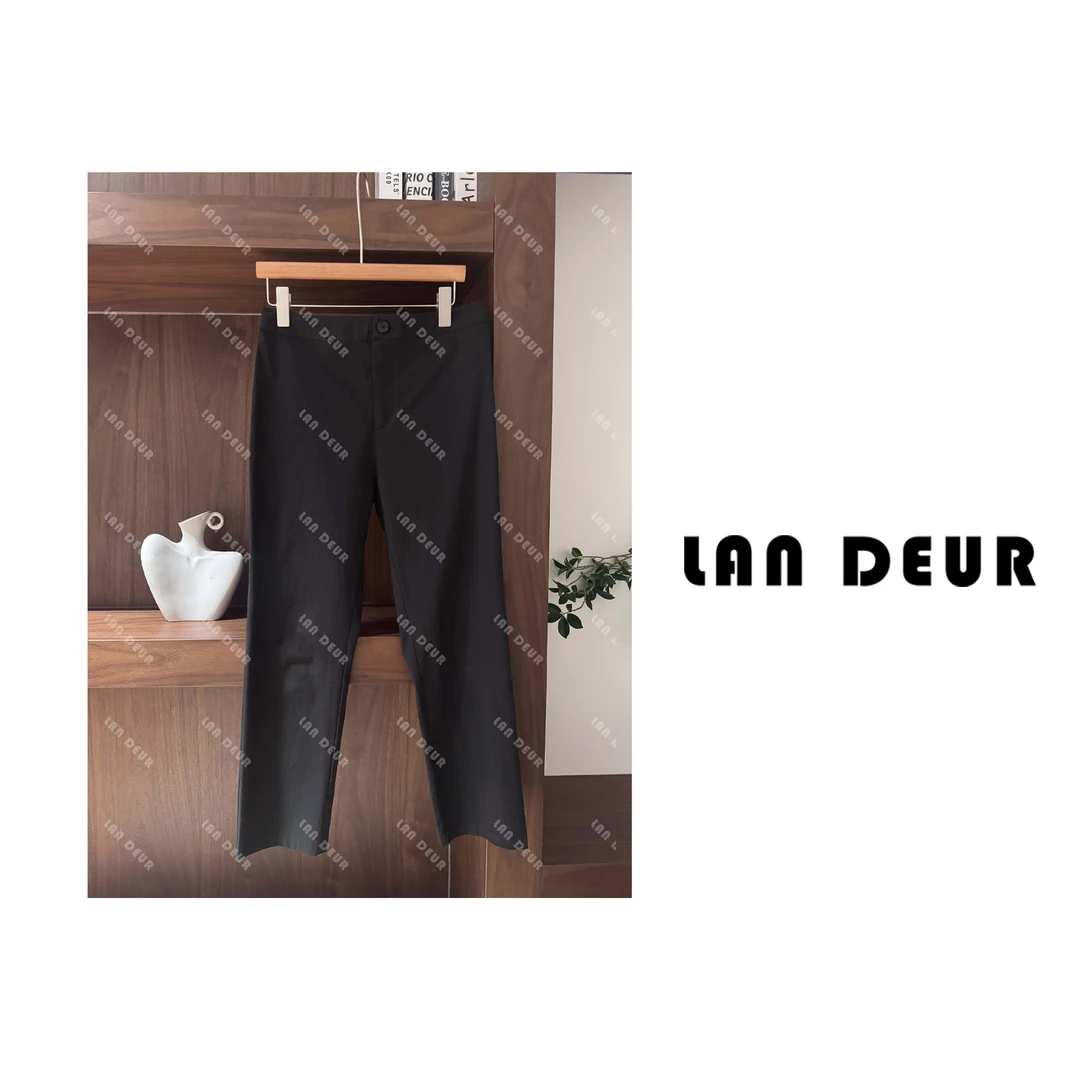 【青枝墨朵】九分弹力透气黑色百搭裤脚开叉直筒修身休闲裤子女