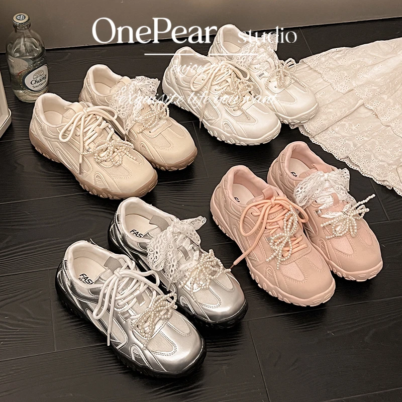 【OnePear】弯弯月牙 | 蕾丝珍珠鸳鸯带厚底德训鞋2025春季新款女鞋
