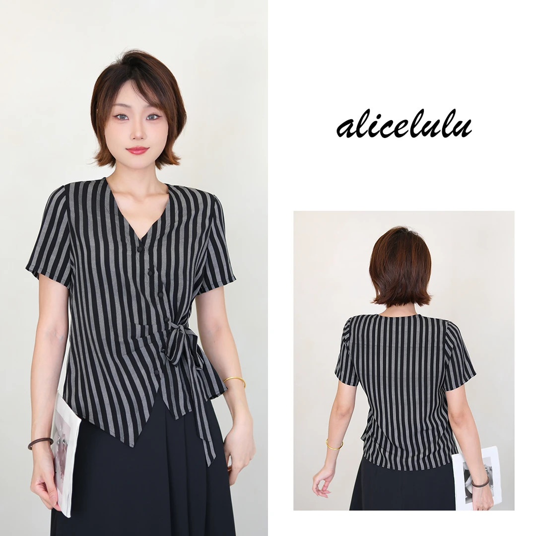 [alicelulu]法式高级感竖条纹短袖衬衫洋气减龄S2143965E