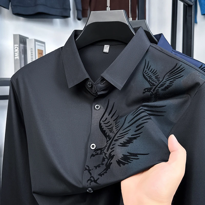 高档无痕薄款长袖衬衫男士秋季高级植绒时尚潮流休闲商务免烫衬衣