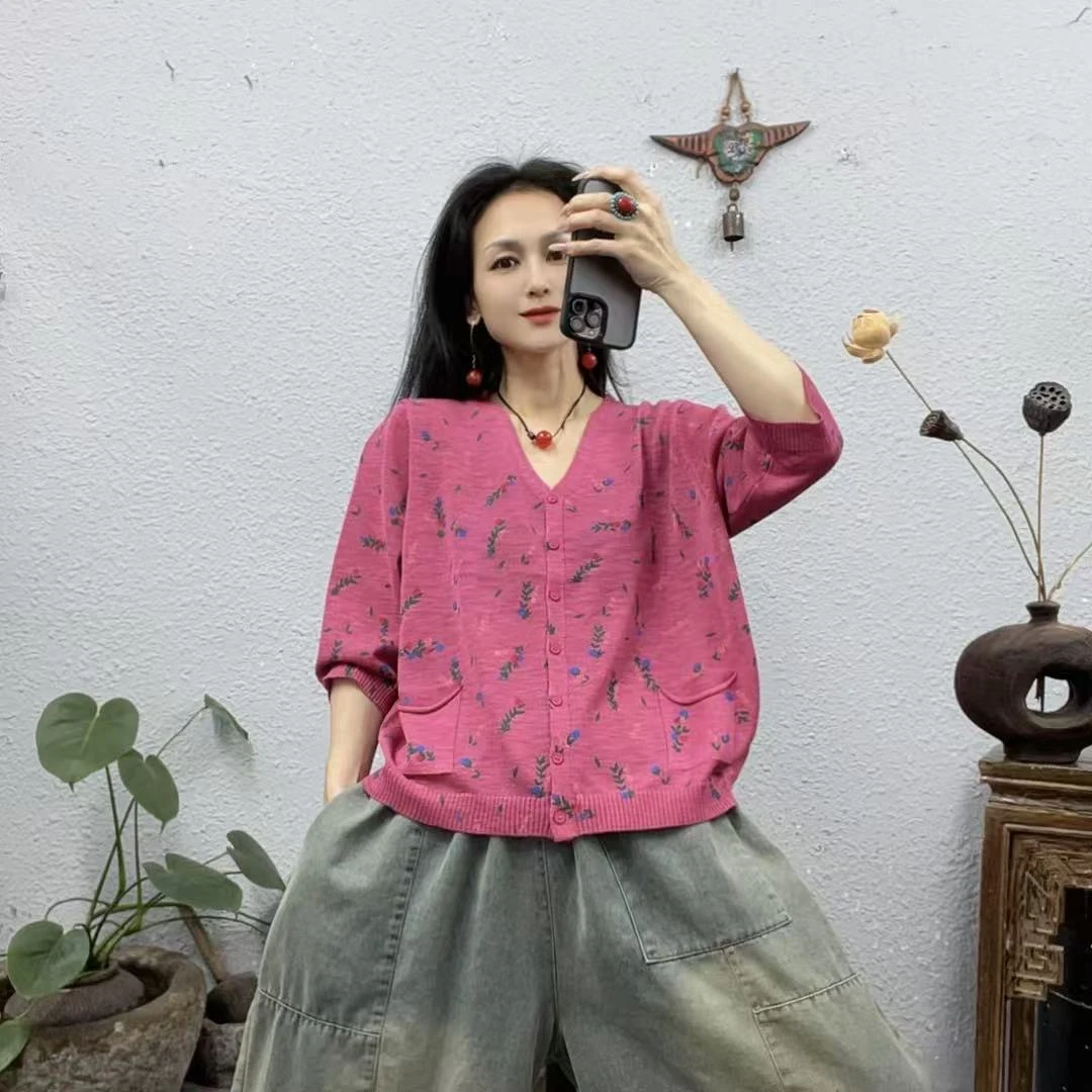 25105印胶小花针织线开衫七分袖上衣（长57胸围126