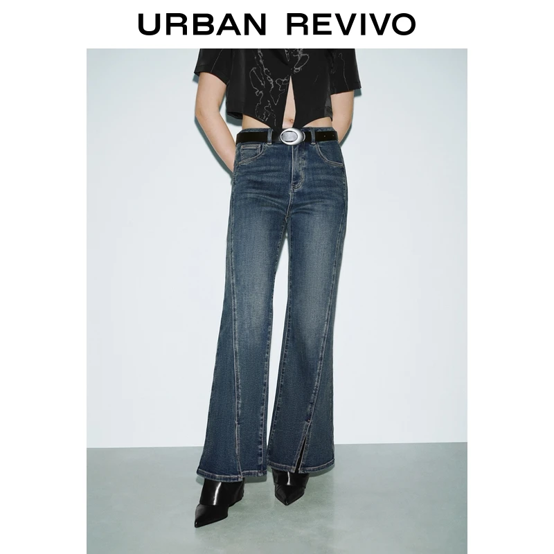UR2026春季新款女装复古斜开衩腰带牛仔长裤UYV850118+