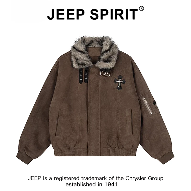 JEEPSPIRIT吉普复古美拉德十字架座山雕外套男冬季保暖毛领棉衣