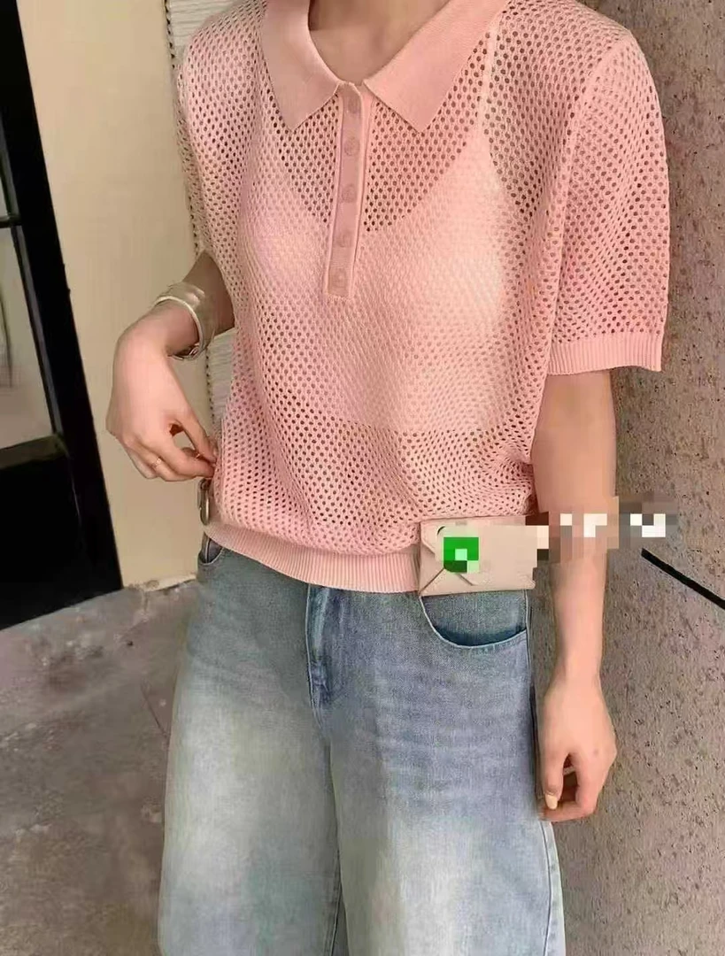 编号600-700时尚百搭新款夏季短款针织上衣针织衫宽松镂空翻领