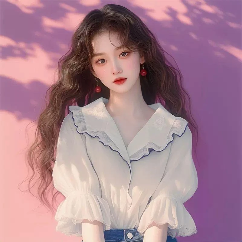 白色娃娃领雪纺漂亮衬衫2025新款夏季小众独特别致泡泡上衣