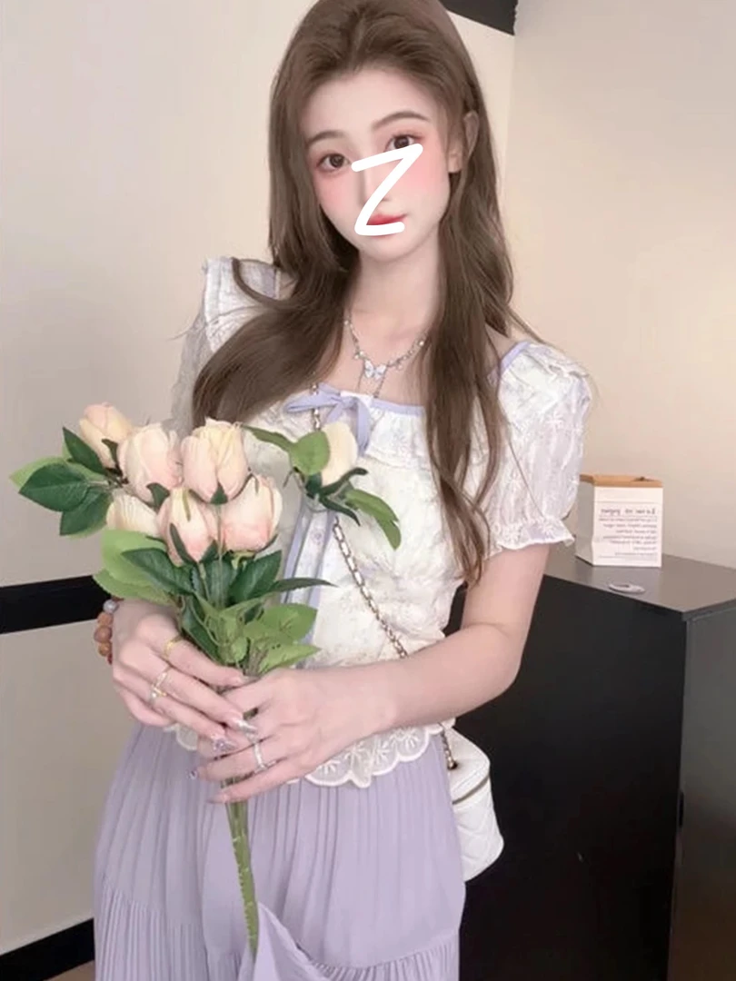 夏日绝美俏皮小个子紫色泡泡袖衬衫女2025新款搭配长裙子两件套装