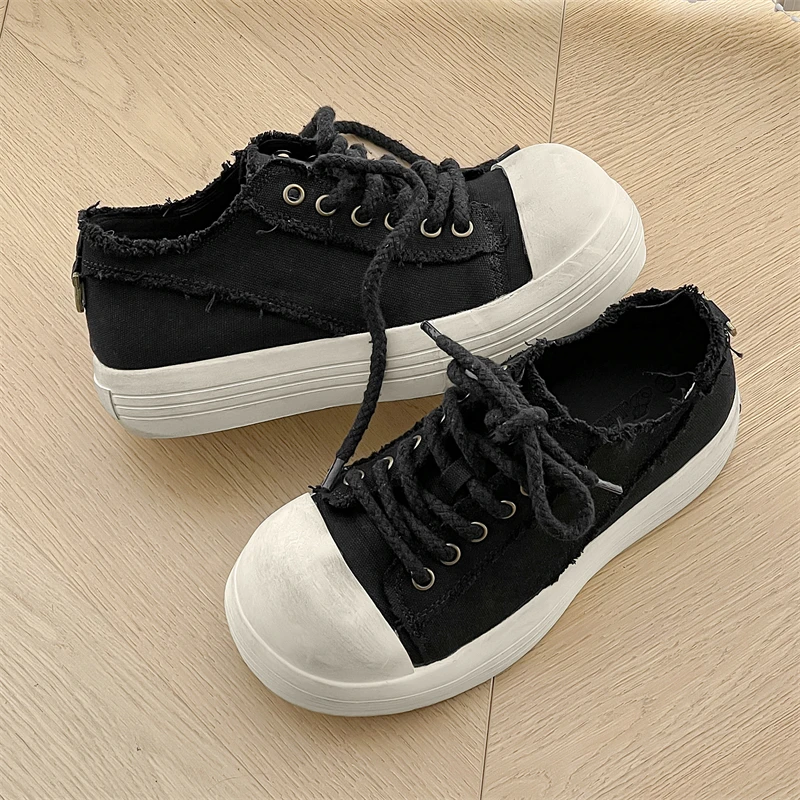 2025春夏新款情侣低帮厚底舒适透气百搭增高时尚系带休闲帆布鞋子