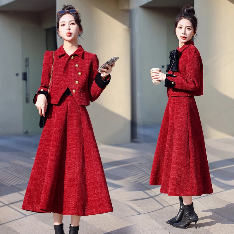 新年圣诞红色套装女春秋2025新款韩系气质小香风上衣半身裙两件套