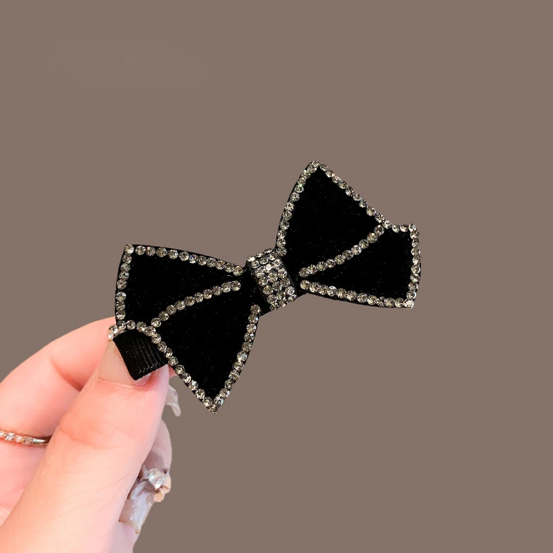 韩系植绒水钻蝴蝶结发夹时尚边夹女气质侧边刘海夹鸭嘴夹顶夹头饰
