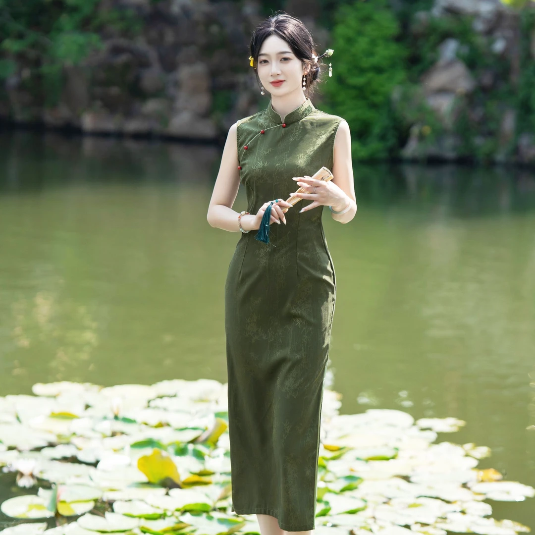 YTBT2951黄色绿色修身提花旗袍改良气质无袖春夏小个子连衣裙日常